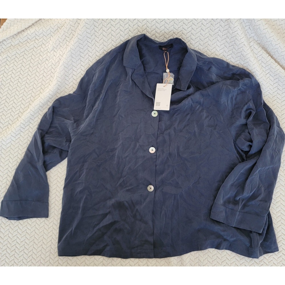 Quince Women 100% Washable Silk Pajama Long Sleeve Top Indigo Blue X Large *NWT*
